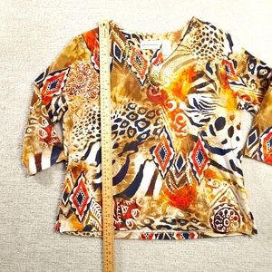 Alfred Dunner Womens M Shirt 3/4 Sleeve V-Neck Animal Print Embellished Stretch